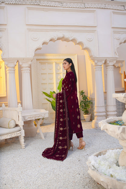 Wine Red Elegance: Unstitched 3-Piece Velvet Suit DS2