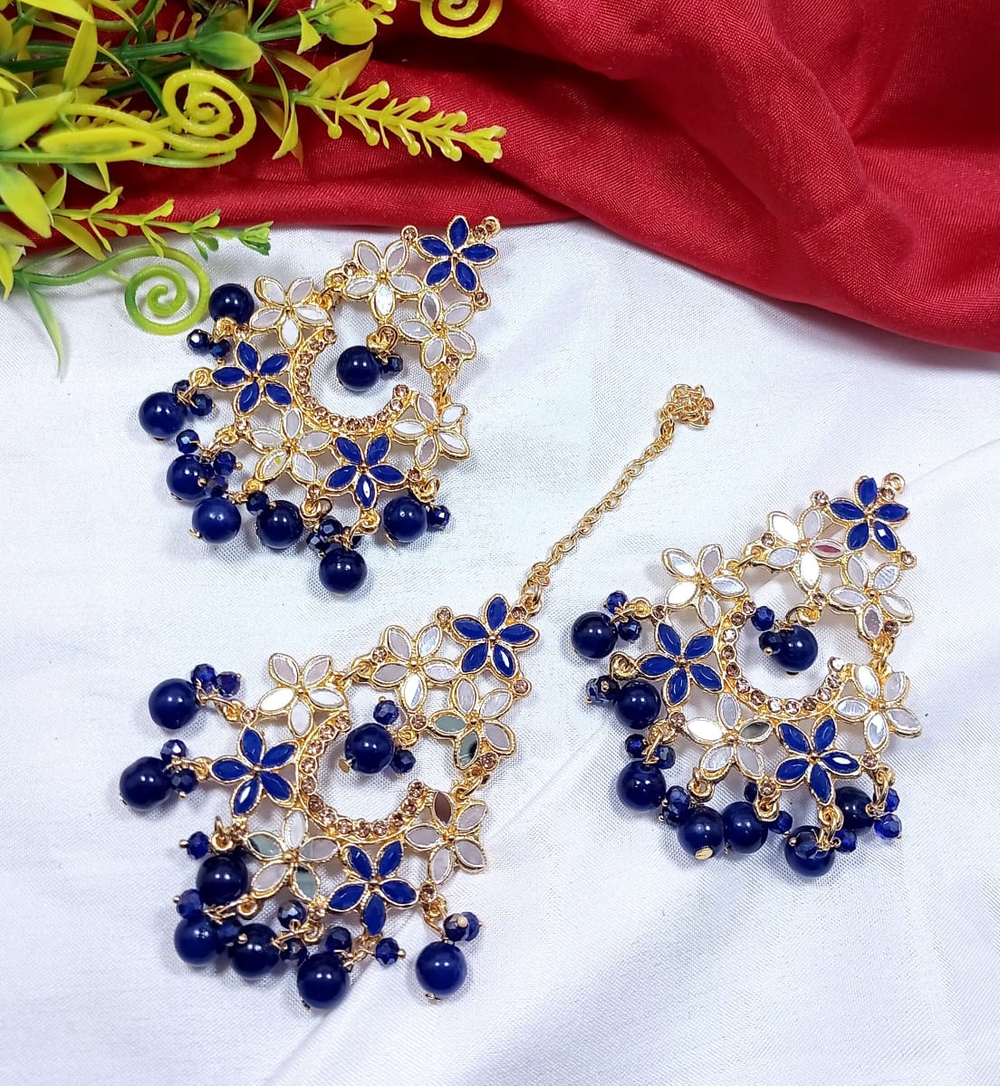 Farshi Kundan Tikka Earrings - JS7 gulf Blue