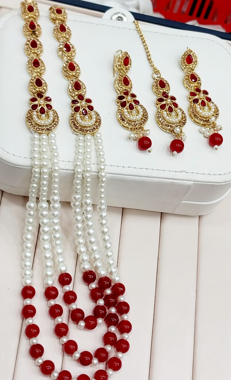 Mala set with bindi and earnings - MS10 Maroon