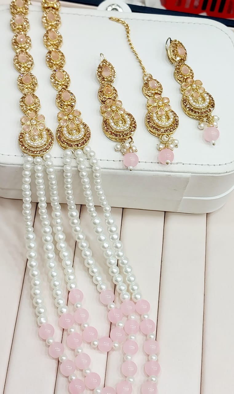 Mala set with bindi and earnings - MS5 Pink