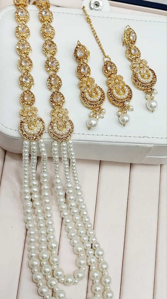 Mala set with bindi and earnings - MS4 Golden white